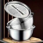 Багатофункціональний кухонний набір із неіржавкої сталі 3 в 1 Metal Basket Cutter Миска друшляк і тертка – фото 10