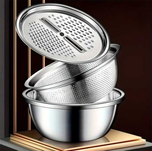 Багатофункціональний кухонний набір із неіржавкої сталі 3 в 1 Metal Basket Cutter Миска друшляк і тертка – фото 10