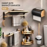 Набір для ванної кімнати: полиця, вішалки, йоржик, тримач паперу 6 в 1 Чорний