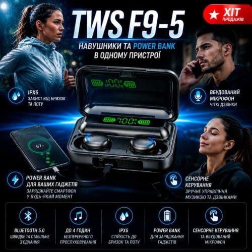 Бездротові сенсорні навушники з вбудованим Power Bank TWS F9-5