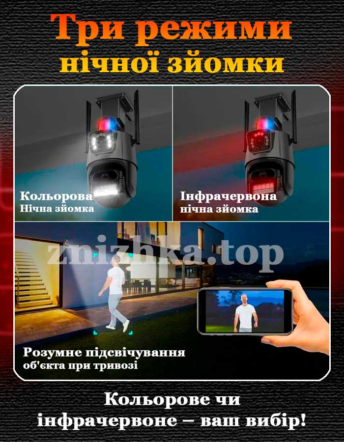 Три режима ночной съемки Вулична охоронна поворотна WIFI камера Dual Lens Zoom 8MP сирена, зум, iCSee віддаленим доступом онлайн