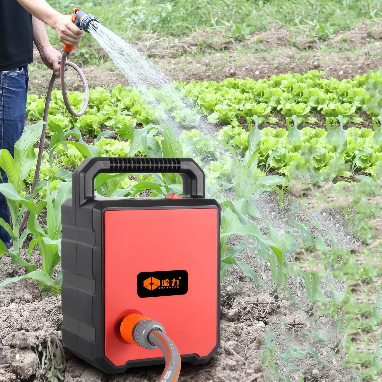 Помпа акумуляторна Pump-01 — червона водяна помпа для поливу, миття, розпилення з 2 батареями