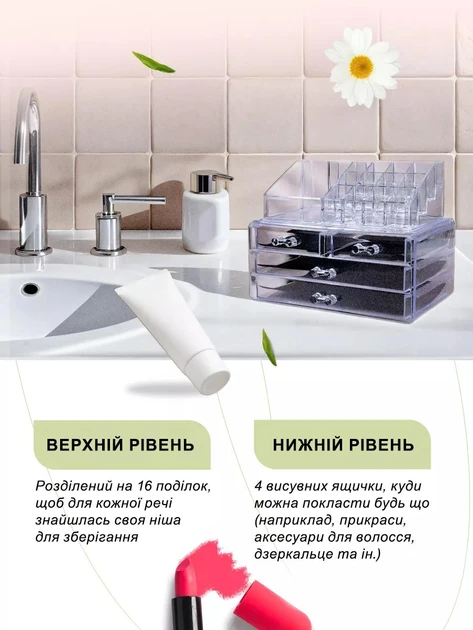 Органайзер підставка для косметики, канцелярії та рукоділля на 20 відділень настільний з 4 шухлядами Прозорий – фото 1