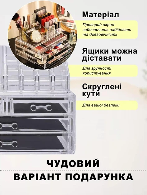 Органайзер підставка для косметики, канцелярії та рукоділля на 20 відділень настільний з 4 шухлядами Прозорий – фото 7