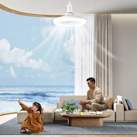 Лампа-вентилятор у патрон + пульт, CHP-006, Біла/LED люстра з вентилятором/Потовковий льод вентилятор