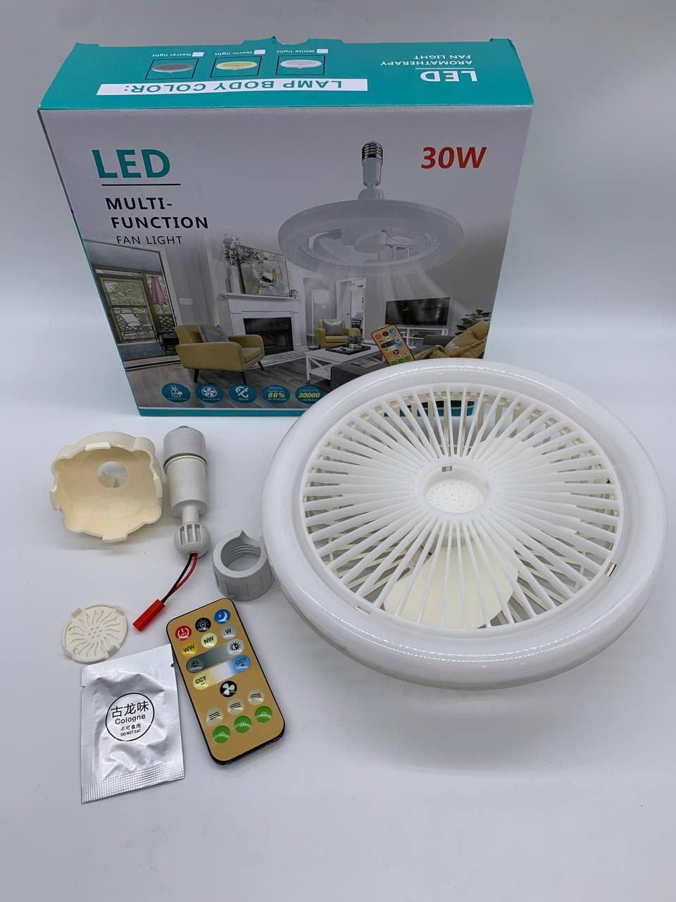 Лампа-вентилятор у патрон + пульт, CHP-006, Біла/LED люстра з вентилятором/Потовковий льод вентилятор