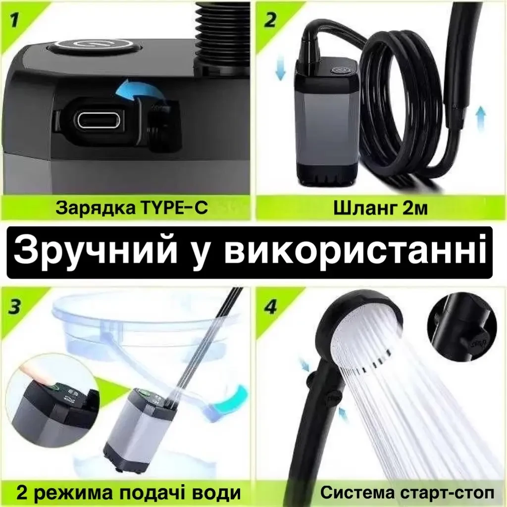 Портативний душ з насосом електричний 9000mAh польовий Lixada Похідний переносний душ для туризму та дому