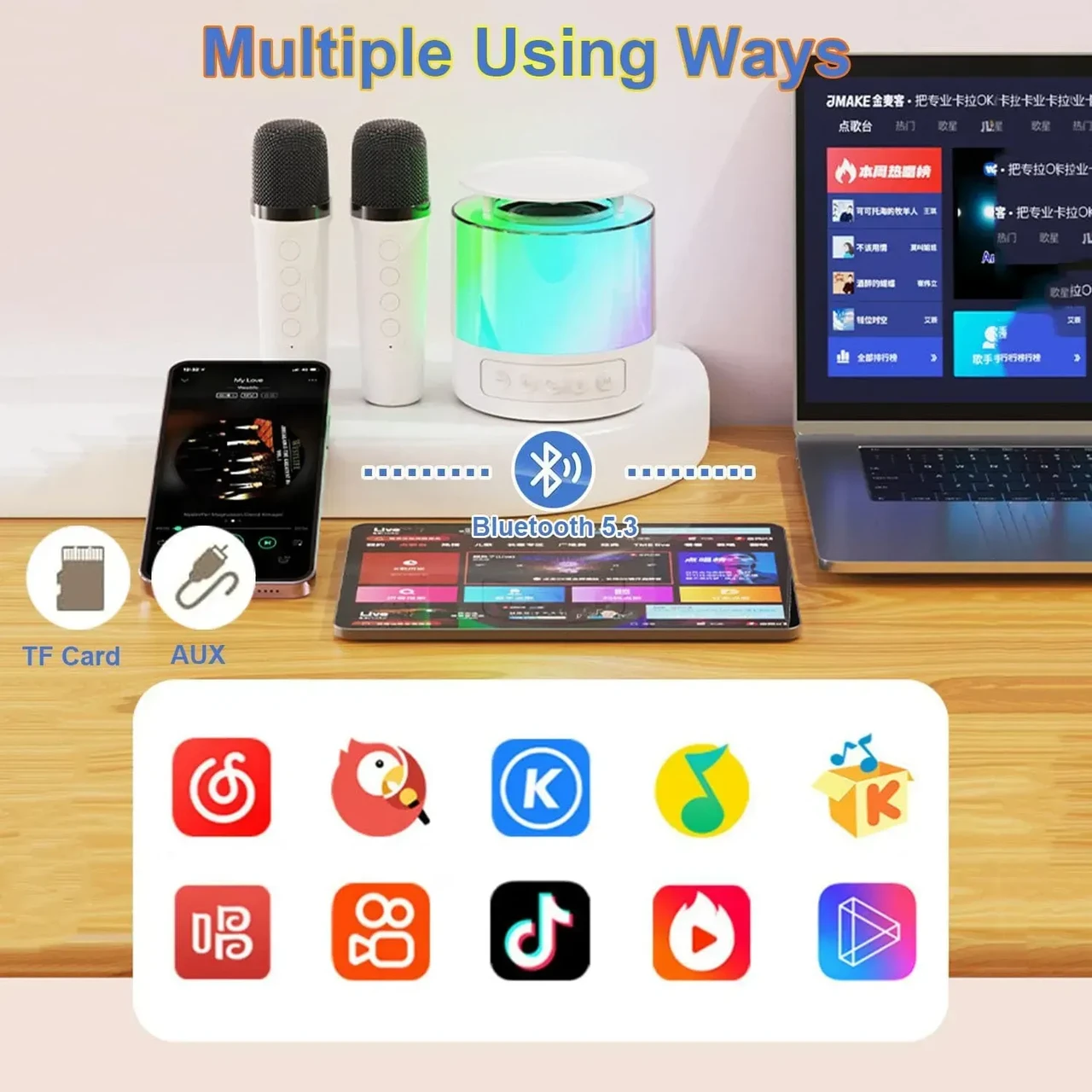 Портативна колонка K19 Bluetooth з LED-підсвіткою, 2 мікрофони, біла, караоке