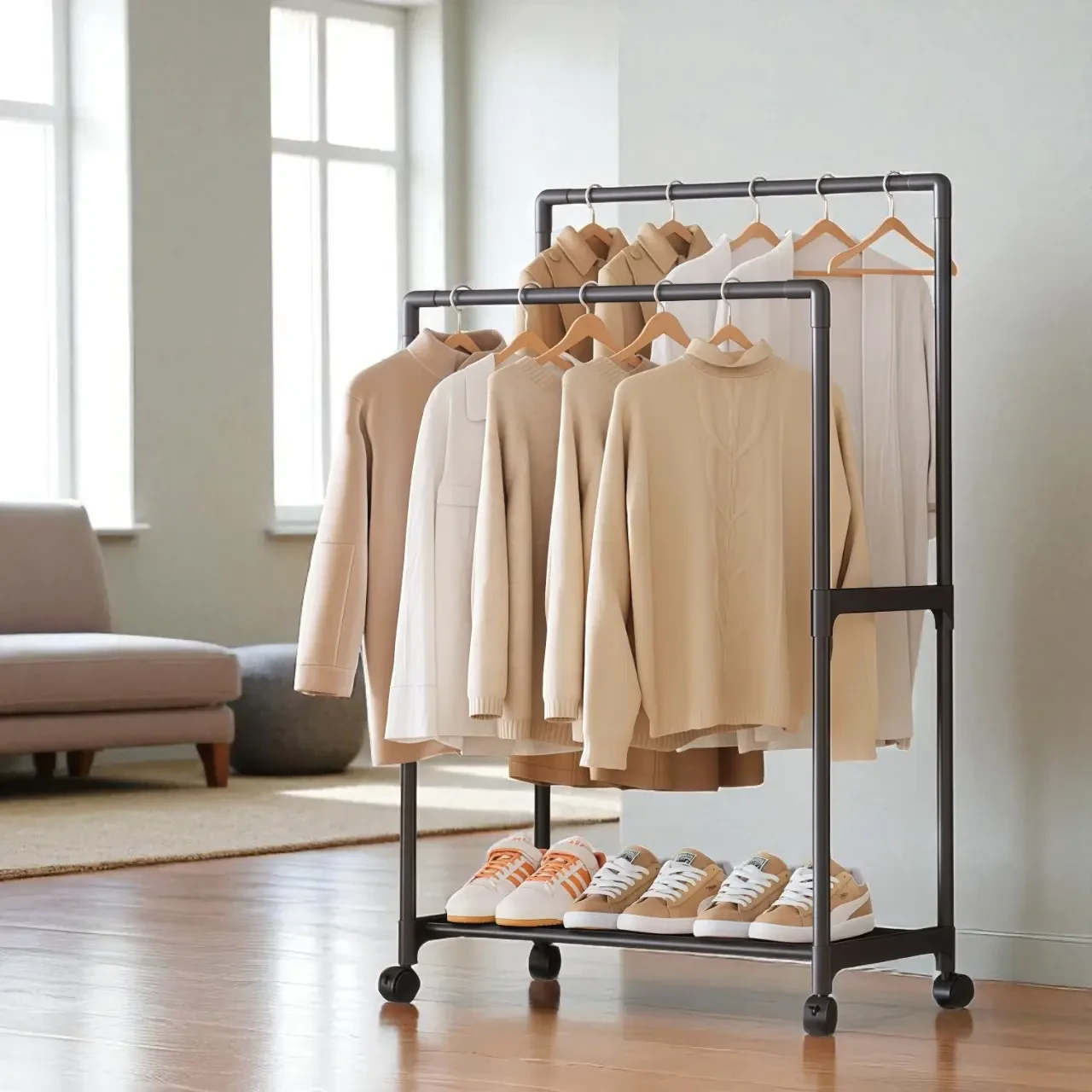 Подвійна стійка-вішалка 112×56×30 см на колесах із полицею для взуття YH9918-1
