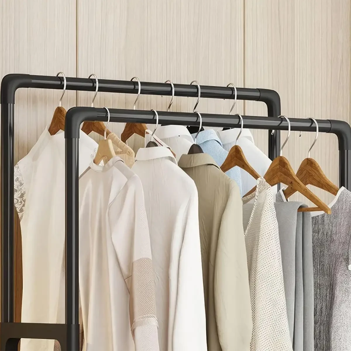 Подвійна стійка-вішалка 112×56×30 см на колесах із полицею для взуття YH9918-1