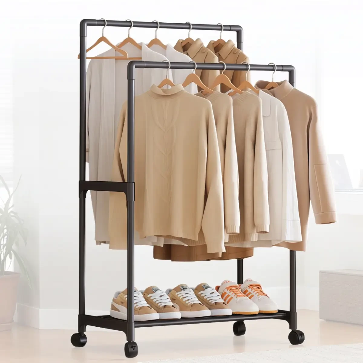 Подвійна стійка-вішалка 112×56×30 см на колесах із полицею для взуття YH9918-1