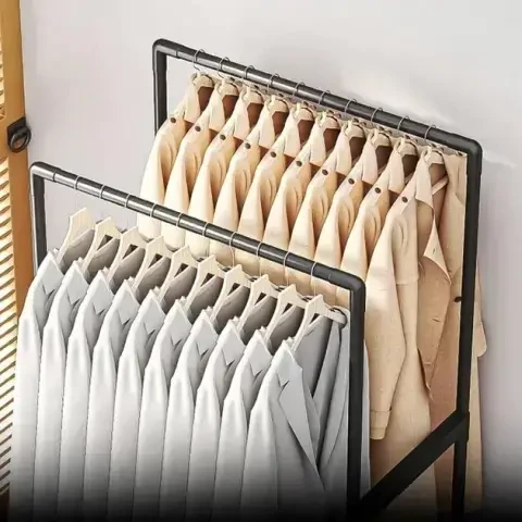 Подвійна стійка-вішалка 112×56×30 см на колесах із полицею для взуття YH9918-1