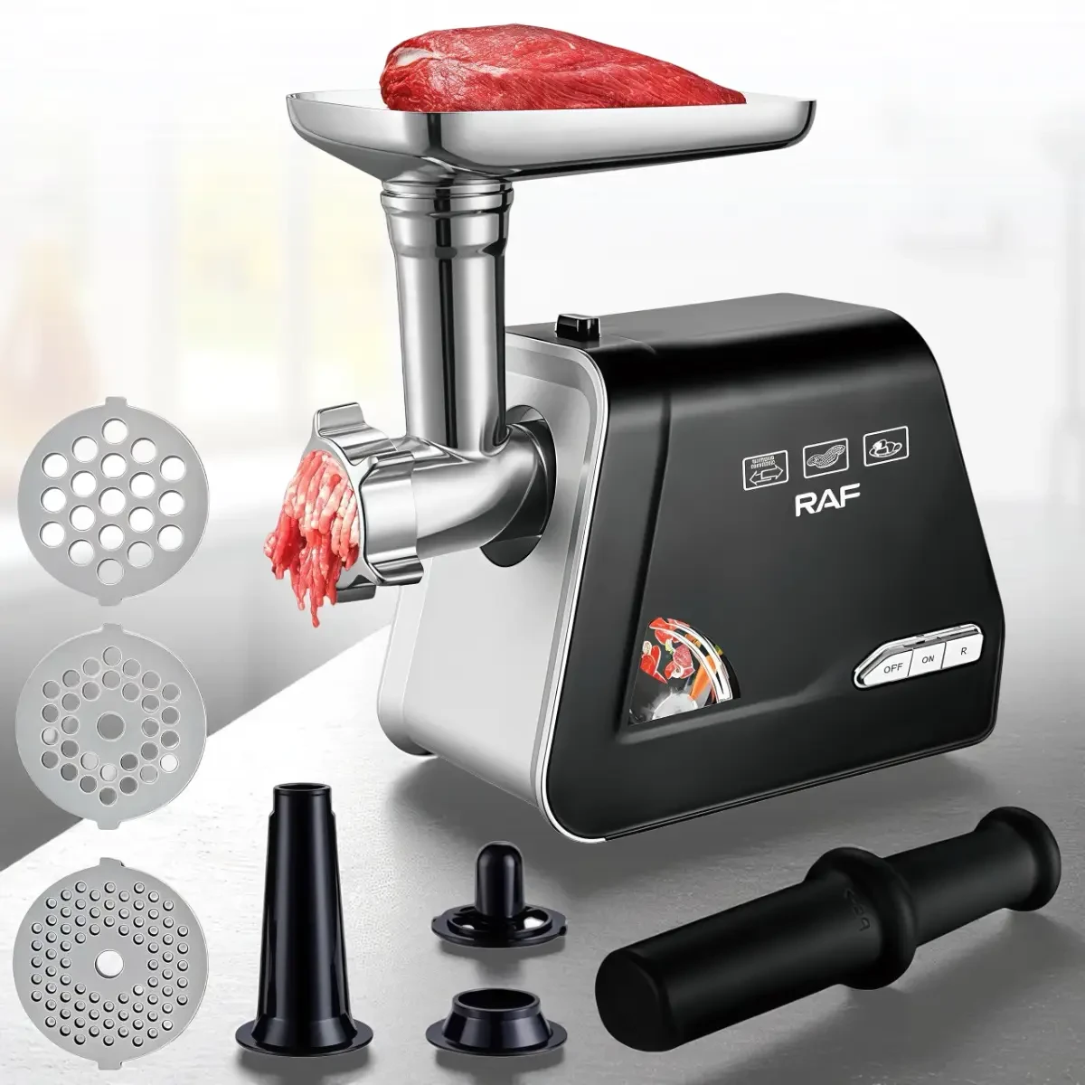 Електрична м’ясорубка з насадками та захистом від перегрівання RAF R.3375 1000 Вт