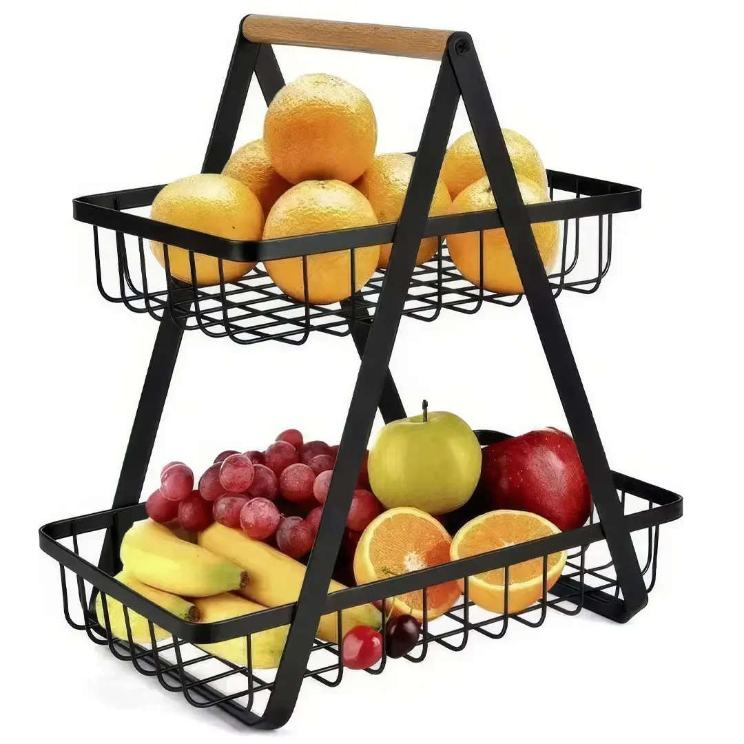 Двоярусний металевий фруктовник із дерев’яною ручкою Розбірний залізний кошик для фруктів