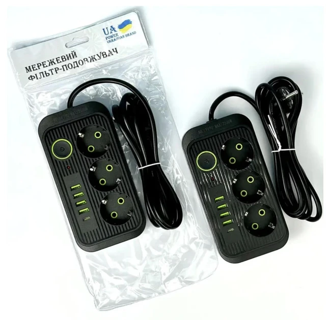 Мережевий фільтр живлення UA Power Socket F09U на 185 см 3 розетки +4 USB + Type-C Port, мережевий подовжувач