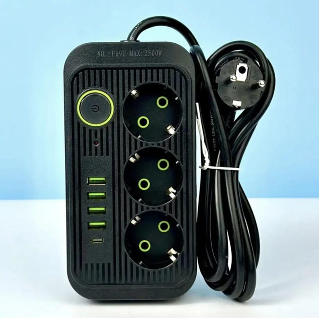 Мережевий фільтр живлення UA Power Socket F09U на 185 см 3 розетки +4 USB + Type-C Port, мережевий подовжувач
