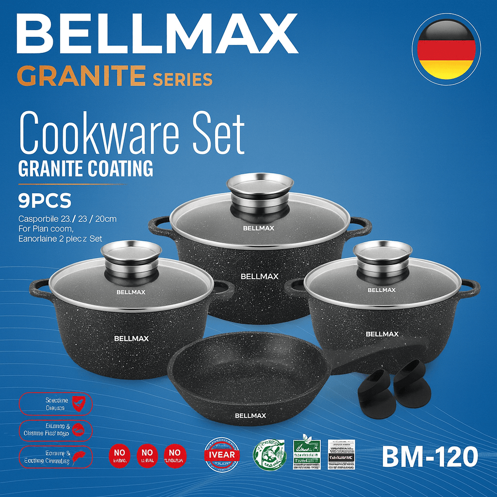 Набір кухонного посуду Bellmax BM-120 Чорний з литого алюмінію з гранітним покриттям, 9 предметів