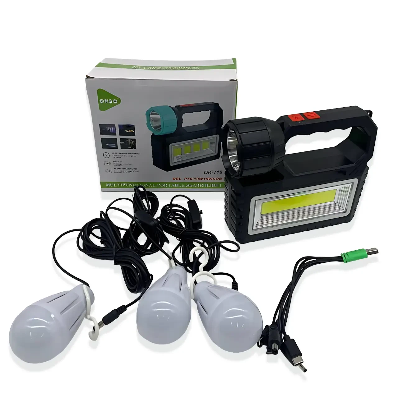 Сонячна зарядна станція OK-718S-A з LED+COB ліхтарем 10 Вт, PowerBank, сонячна панель, 3 виносні лампи, акумуляторна ручна