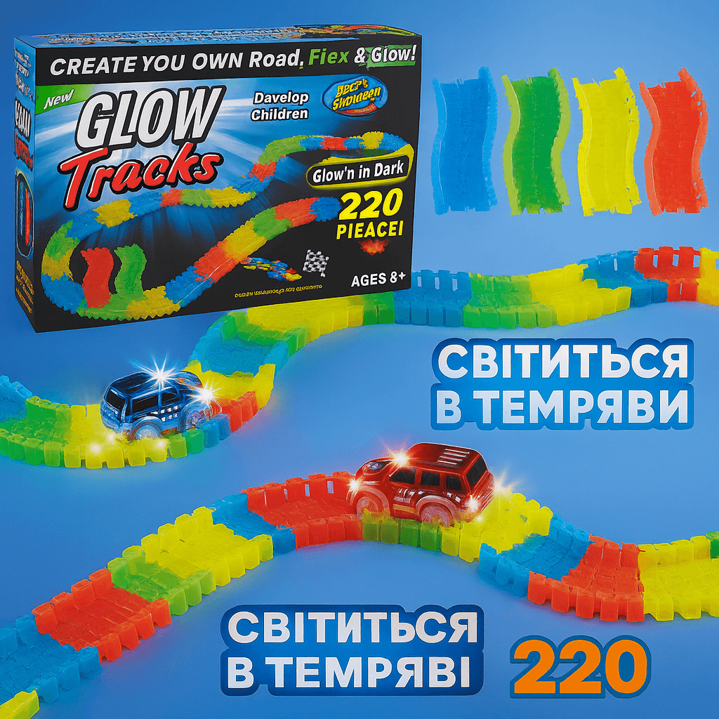 Дитячий перегоновий трек Magic Tracks 220 деталей, світиться в темряві, з машинкою з підсвіткою