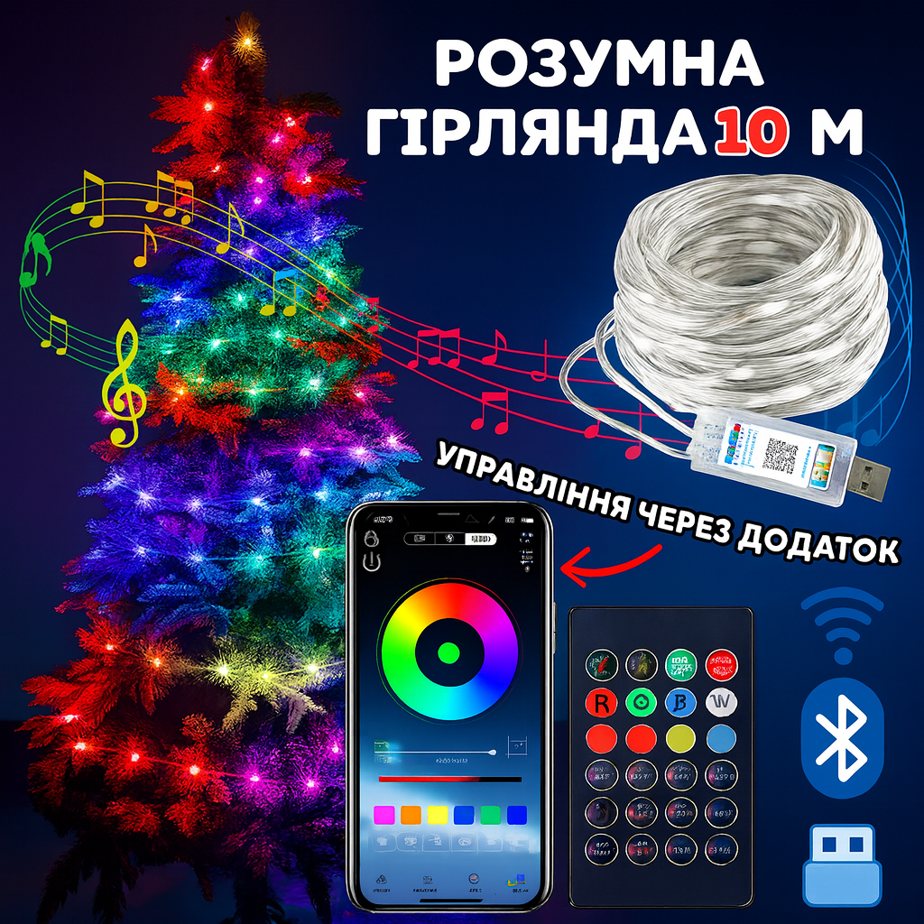 Світлодіодна RGB 10м гірлянда на ялинку або новорічного декору в будинку або на вулицю водонепроникна IP65 з керуванням SMART