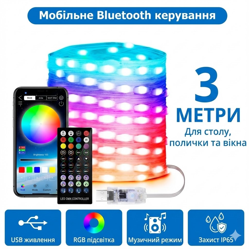 Вуличні вогні 3 м Smart Bluetooth — смарт світлодіодна LED гірлянда RGB, музична, USB, IP65