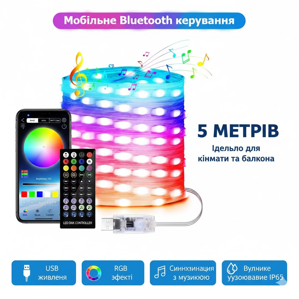 Вуличні вогні 5 м Smart Bluetooth — світлодіодна смарт-гірлянда RGB, музична, USB, вологозахист IP65