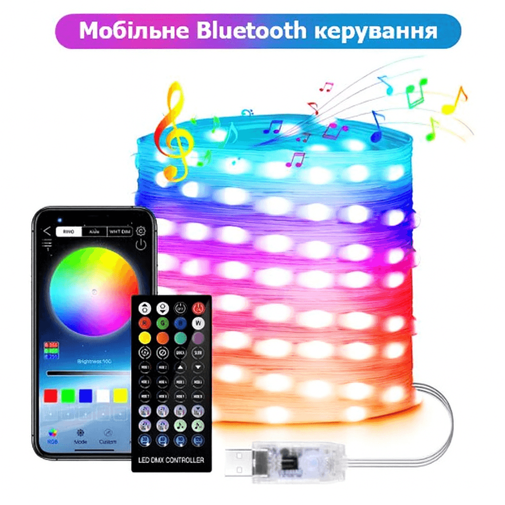 Вуличні вогні 10 м Smart Bluetooth App Control — світлодіодна LED гірлянда 100 LED, RGB, USB, IP65, музична