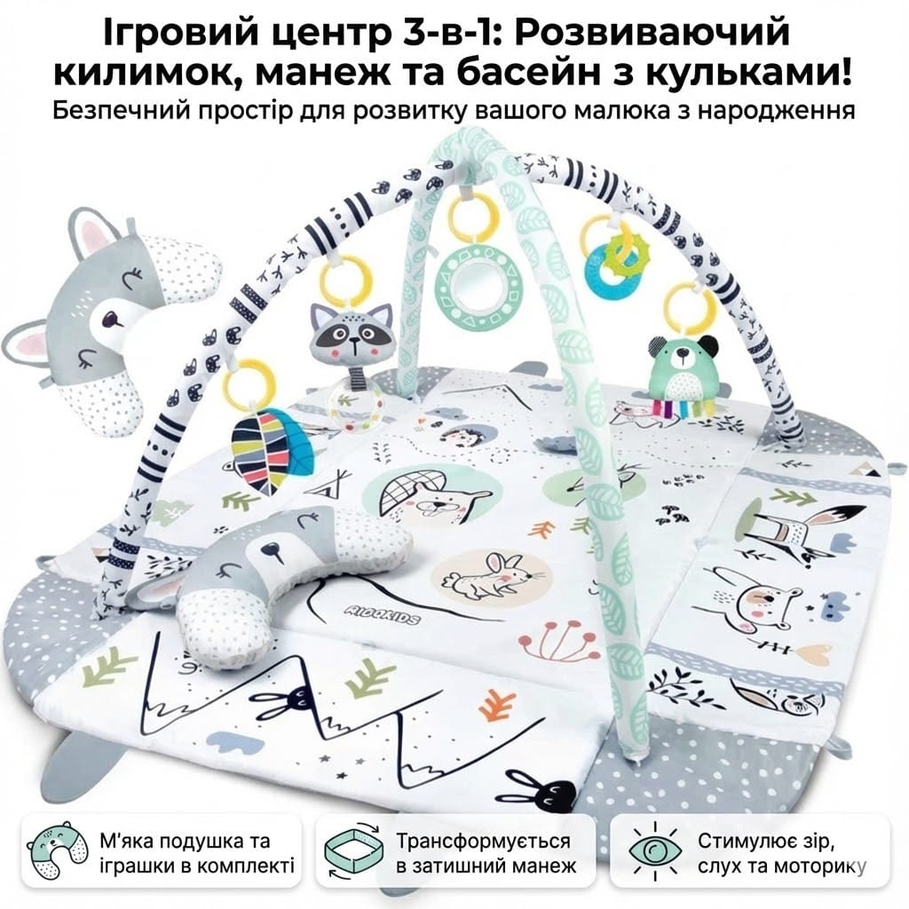 Розвивальний килимок Ricokids з дугами та іграшками, білий/сірий, 110×100 см