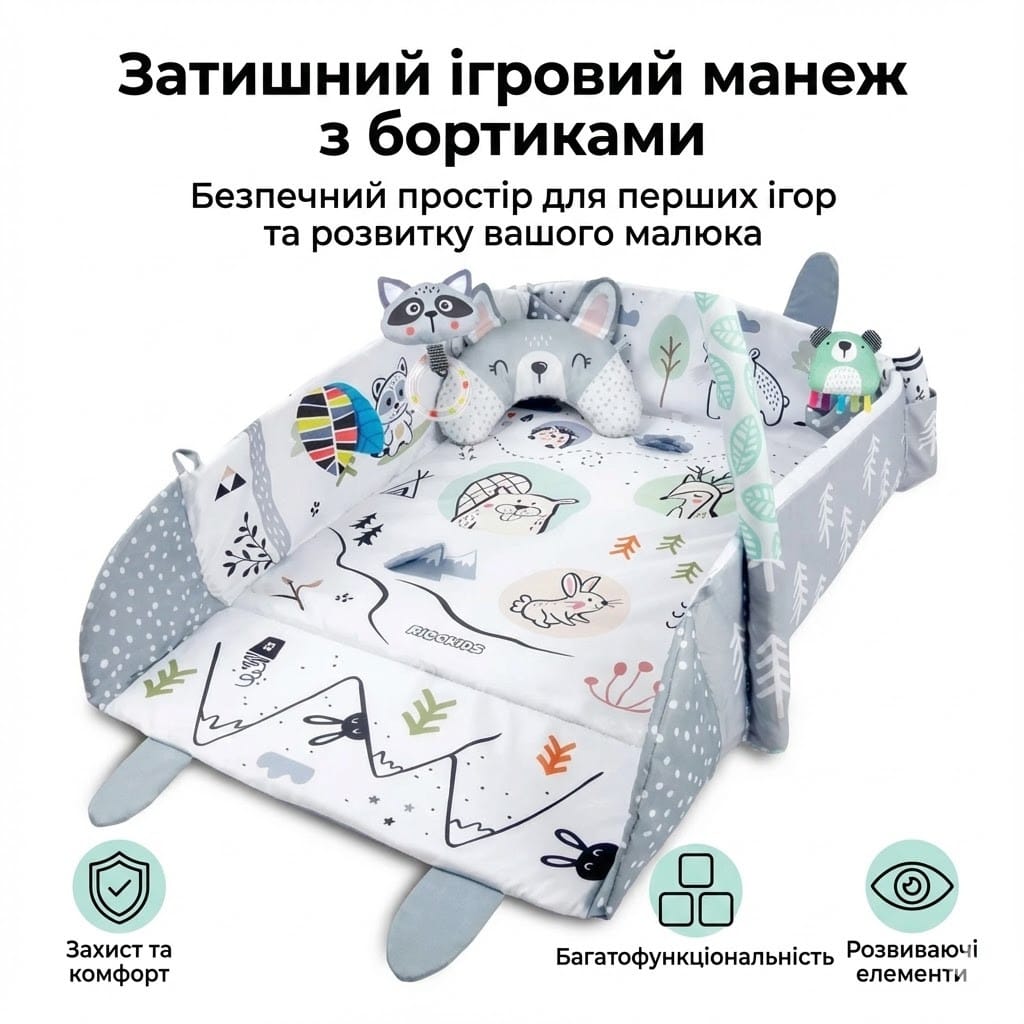 Розвивальний килимок Ricokids з дугами та іграшками, білий/сірий, 110×100 см