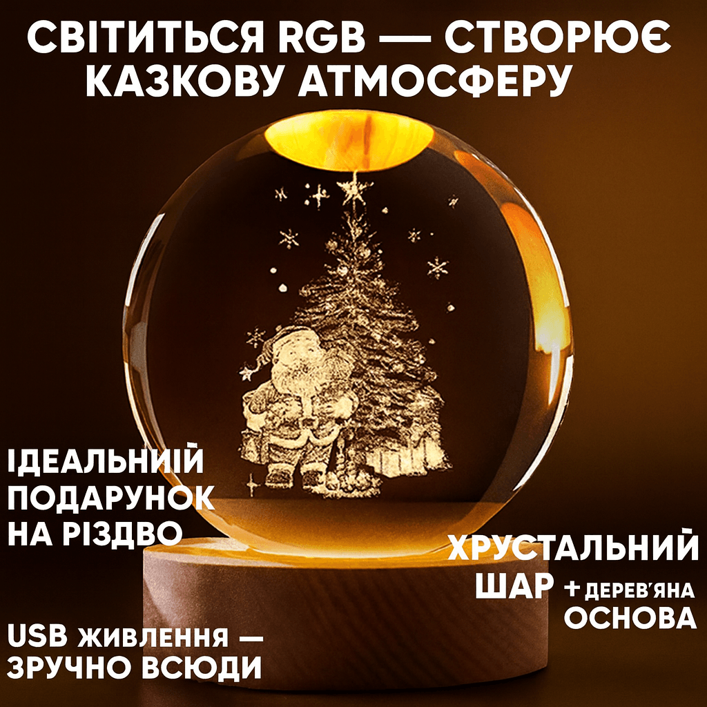 Нічник 3D куля кришталеве Різдво RGB на дерев’яній підставці USB
