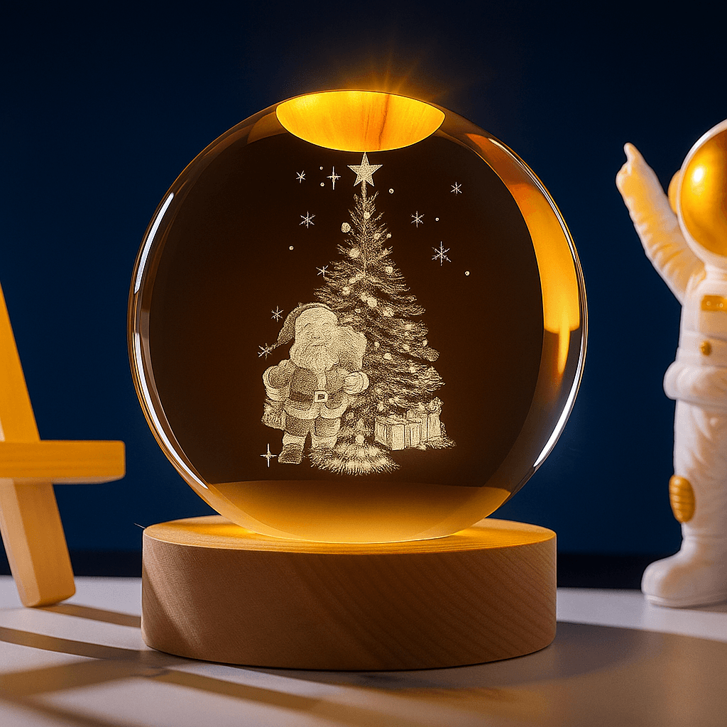 Нічник 3D куля кришталеве Різдво RGB на дерев’яній підставці USB
