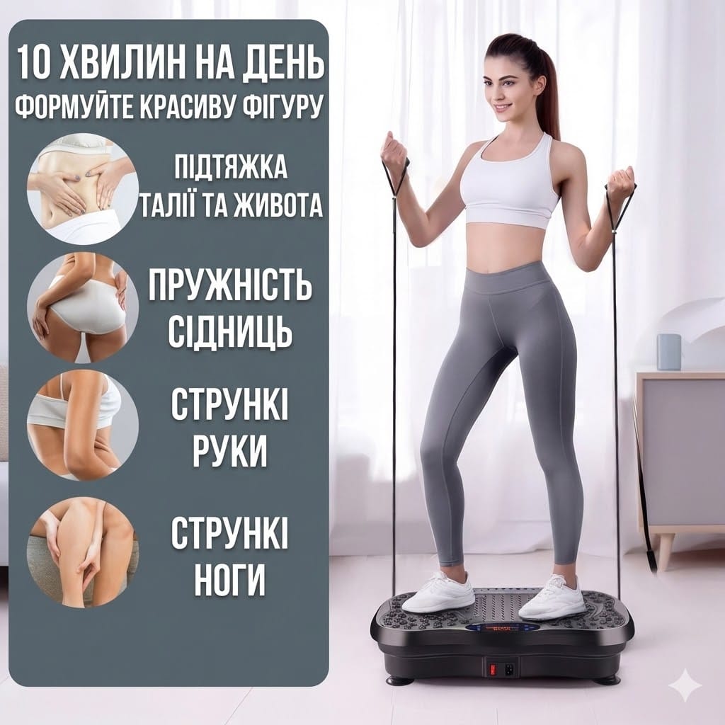 Віброплатформа для фітнесу з еспандерами, 99 режимів, до 180 кг, пульт ДК, для схуднення та масажу