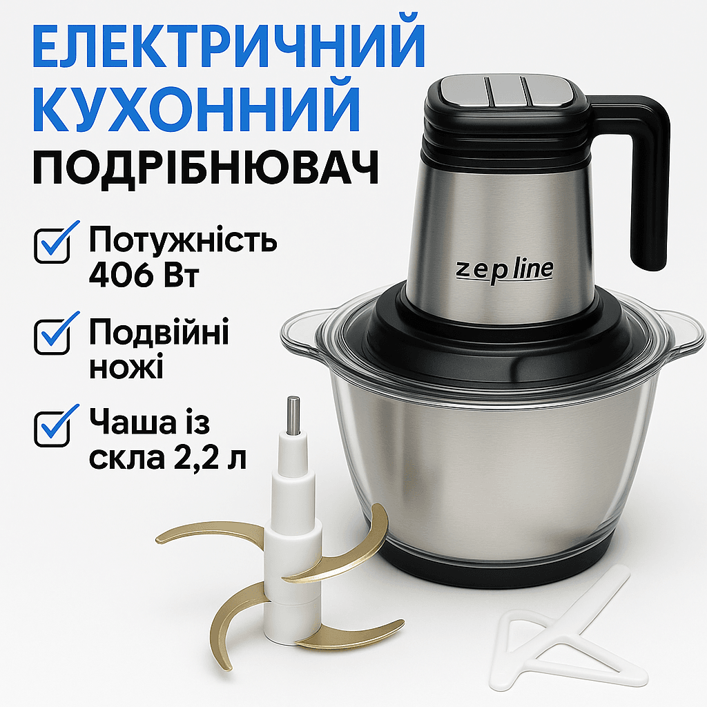 Подрібнювач кухонний Zepline ZP-00219, 3000 Вт, 2 чаші 3.2 л