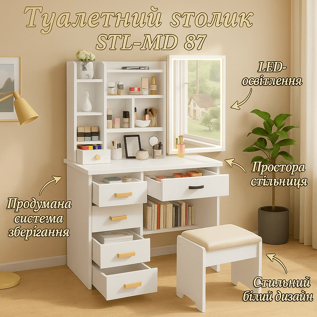Туалетний столик STL-MD 87 з LED прямокутне дзеркало та пуфиком 128х80х35 см Білий