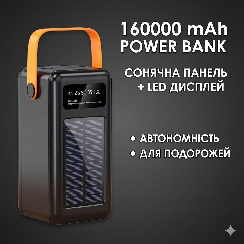 Повербанк на сонячній батареї JS-639CX 160000 mAh, 4 USB, ліхтар
