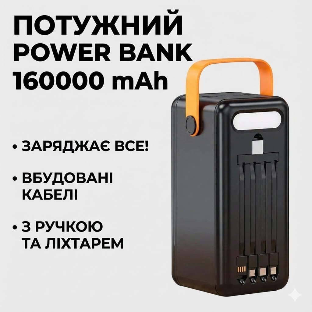 Повербанк на сонячній батареї JS-639CX 160000 mAh, 4 USB, ліхтар