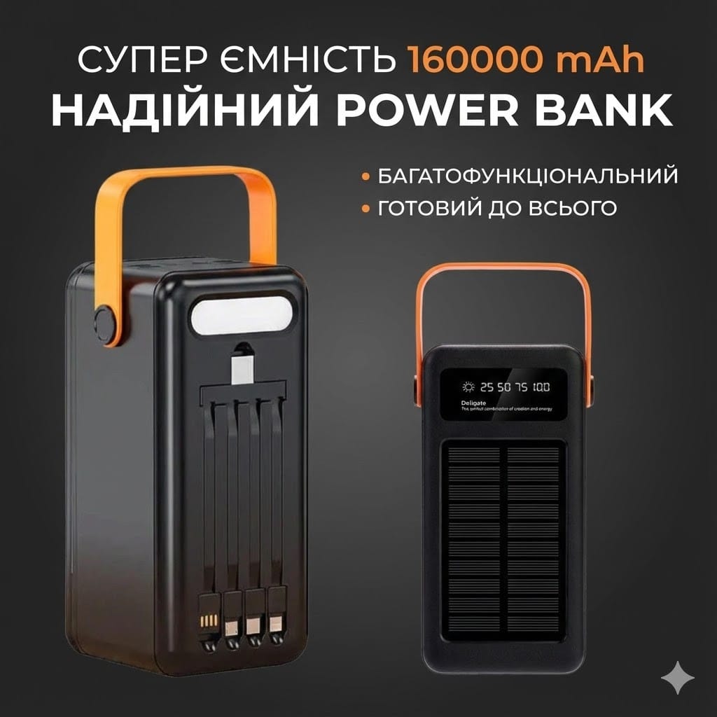 Повербанк на сонячній батареї JS-639CX 160000 mAh, 4 USB, ліхтар