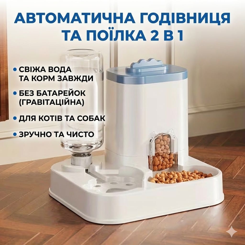 Автоматична годівниця 2 в 1 для котів і собак, гравітаційна миска для корму та води, без батарейок