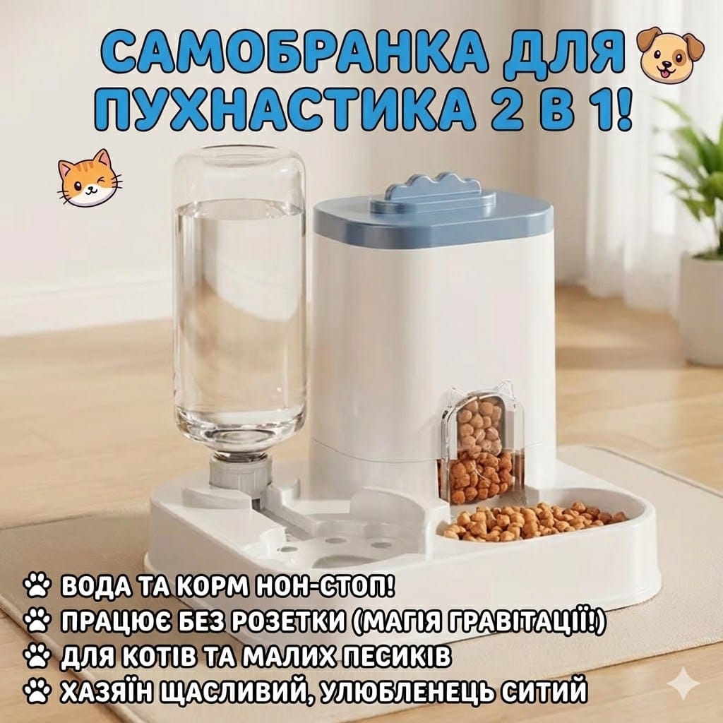 Автоматична годівниця 2 в 1 для котів і собак, гравітаційна миска для корму та води, без батарейок