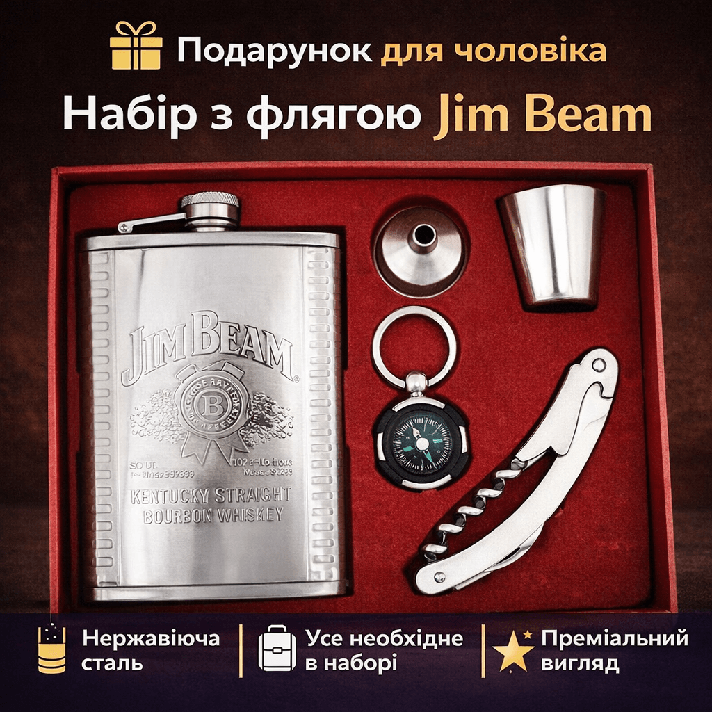 Набір подарунковий Фляга +Компас + Мультиніж+ Рюмка Jim Beam 255 мл