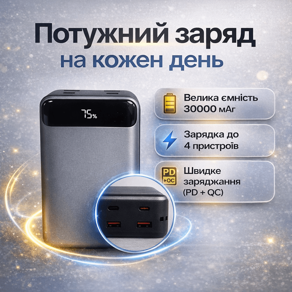Зовнішній акумулятор King Power KPG-316 30000 mAh 22.5W з дисплеєм чорний