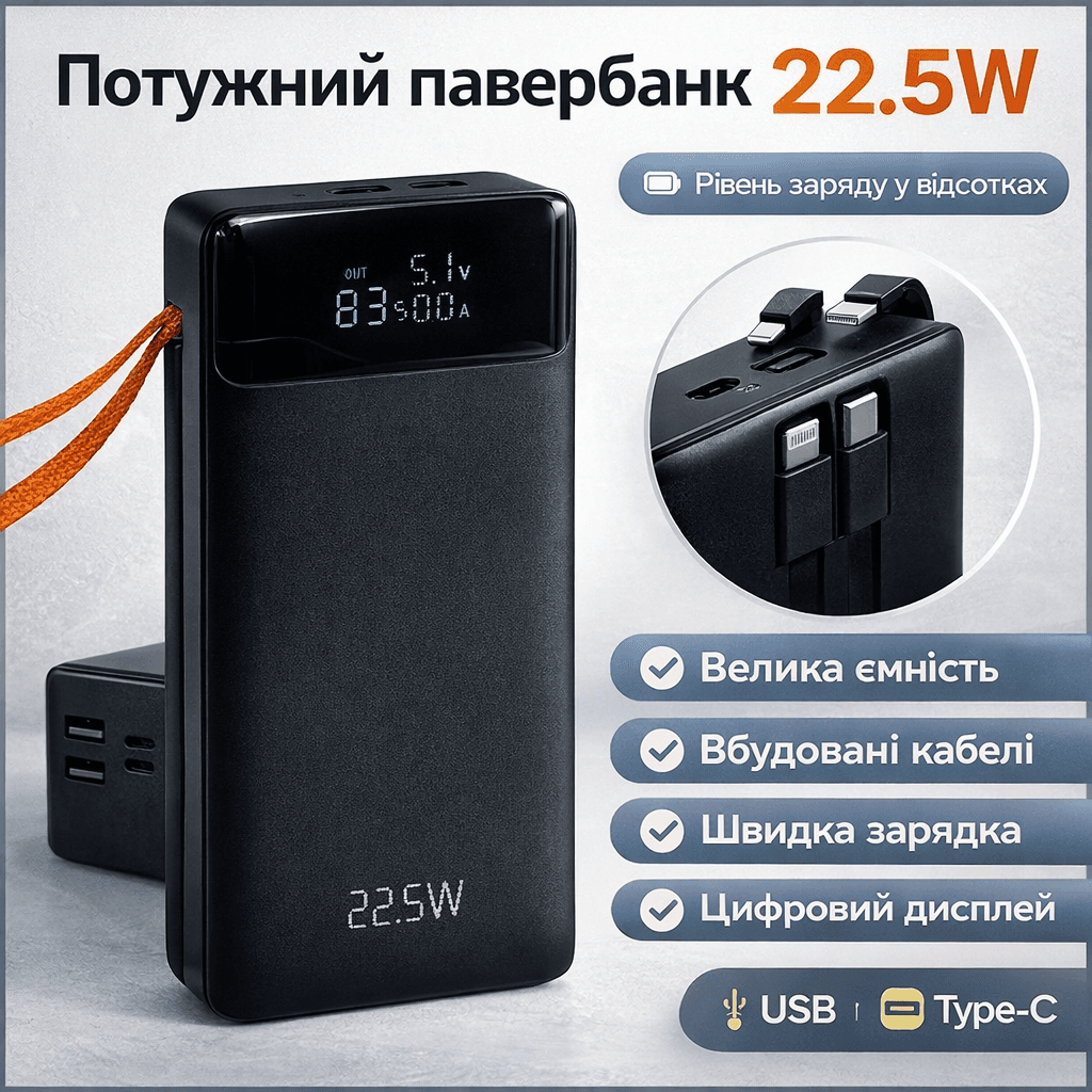 Портативна батарея KPG KPG-507 Power Bank 50000mAh 22.5W з цифровим дисплеєм