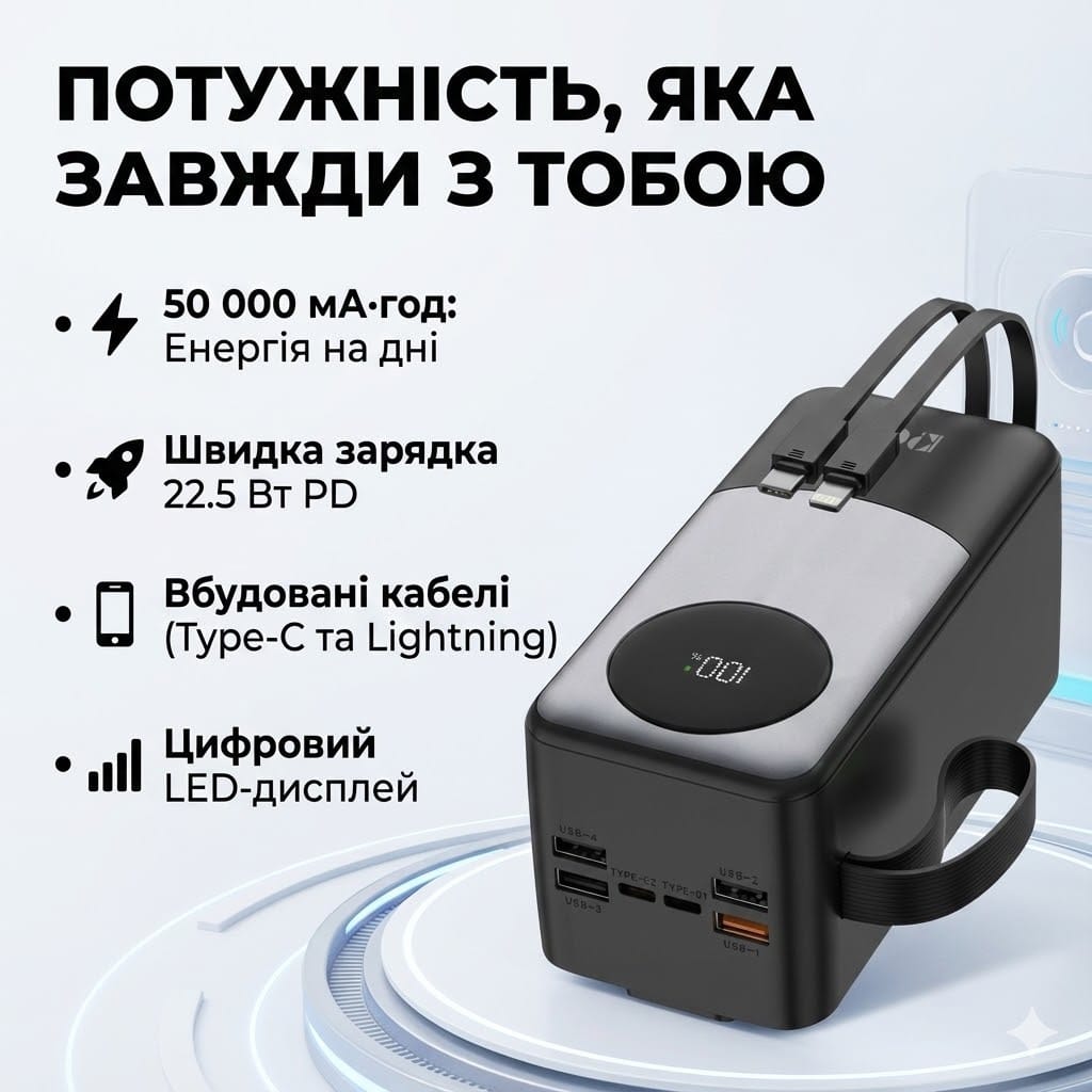 Зовнішній акумулятор (Power Bank) KPG KPG-502X 50000 mAh 22.5W з LCD-дисплеєм
