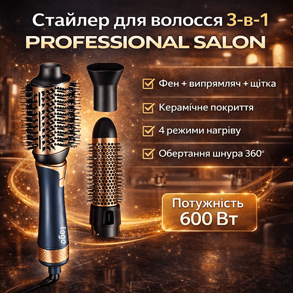 Професійний стайлер для волосся 3-в-1 New Professional Salon — фен-щітка, випрямляч та укладка | 600W | 4 режими нагріву