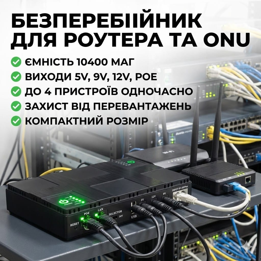 Джерело Безперебійного Живлення DC UPS для роутера, ONU, камер – 5V/9V/12V, багатофункціональний портативний UPS з USB та кабелями