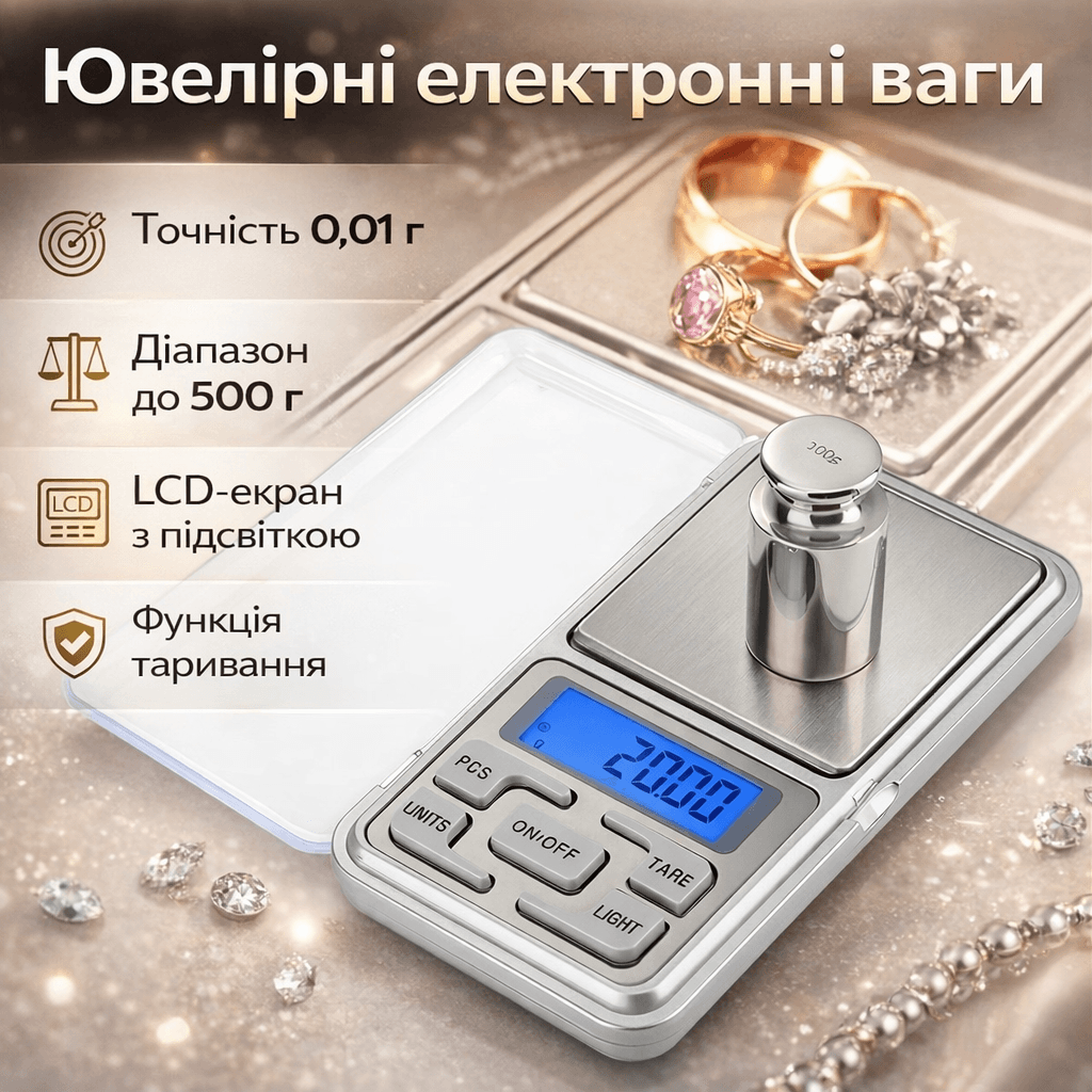 Ювелірні електронні ваги до 500 г, точність 0,01 г, LCD-дисплей із підсвіткою, портативні мініваги для золота, каміння та дрібних