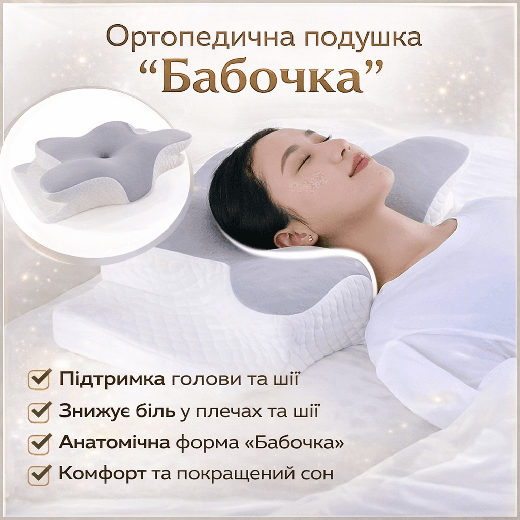 Ортопедична подушка для сну Метелик з ефектом пам’яті Memory Foam 50х30 см. Анатомічна подушка під шию