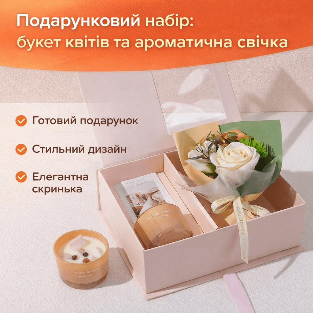 Подарунковий набір РОЖЕВИЙ з букетом квітів та ароматичною свічкою в елегантній скриньці KR-14