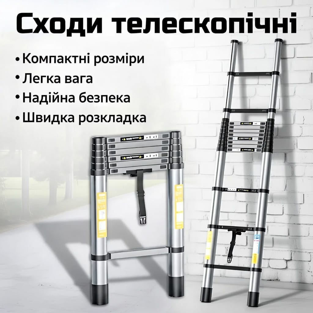 Телескопічна драбина 2.7 м 7 ступенів хромомолібденова сталь до 150 кг компактна складана