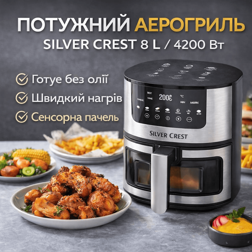 Аерогриль Silver Crest SC-8855S 8 л 4200 Вт сенсорне керування Hot Air Technology фритюрниця без олії